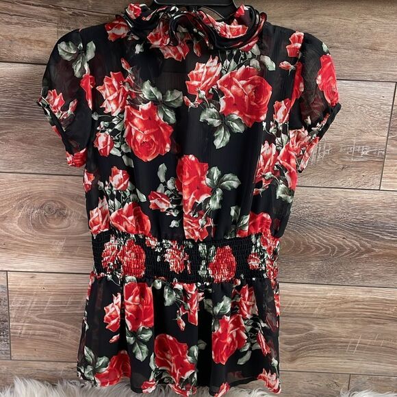A Byer Blouse Set,Button Cardigan& Spaghetti Strap Top,M, Floral Black and Red - Picture 9 of 13
